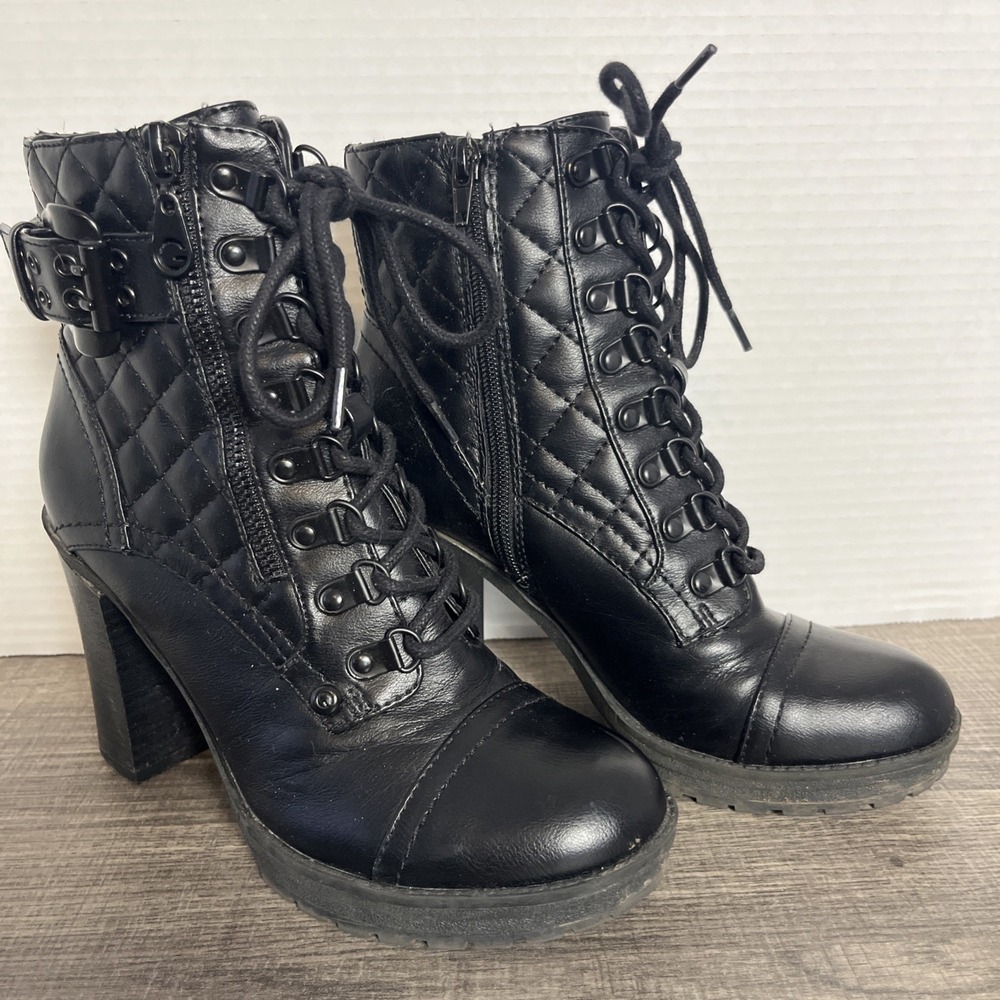 G by Guess Combat Boots 6.5 Black Lace up Zip Biker Heel Ankle Bootie Whimsigoth